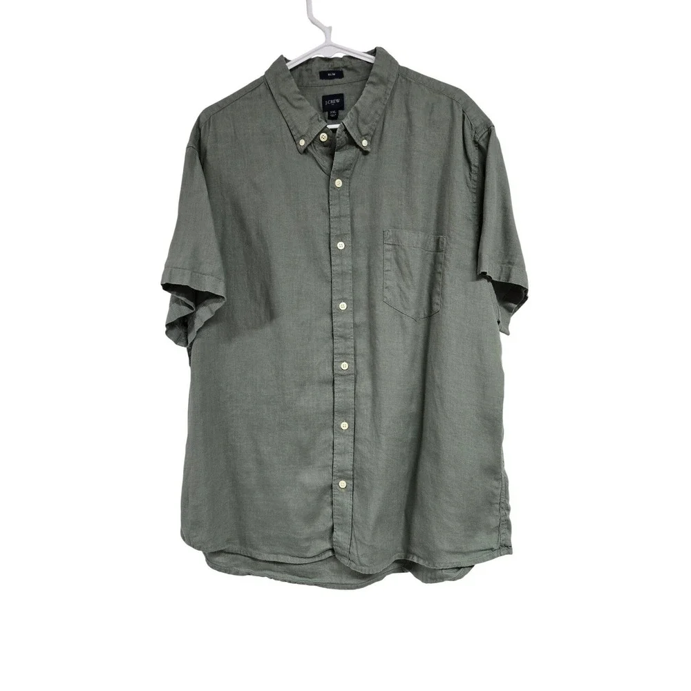 J.Crew Slim Button Down Short‎ Sleeve Shirt Linen Cotton Olive Green Men's XXL